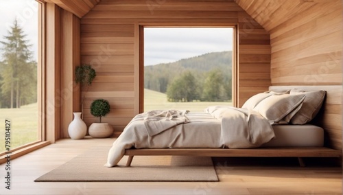 Wooden home bedroom interior bed on carpet, side view hardwood floor. Minimalist sleeping room corner and panoramic window on countryside. Copy space wall. 3D rendering
