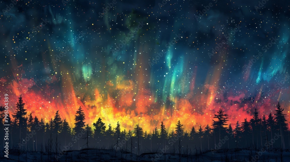Night Sky: An artistic illustration of the night sky with a colorful aurora borealis