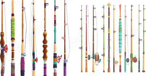 Colourful isolated rod with spinning reel lines on bamboo pole for fish catch