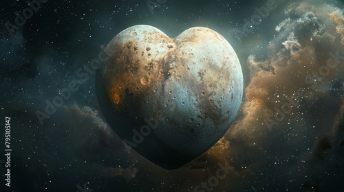 Planet: An illustration of Pluto, featuring its icy, dwarf planet characteristics and the heart-shaped photo