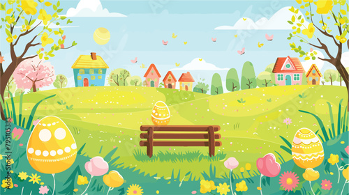Happy Easter spring landscape with bench houses field
