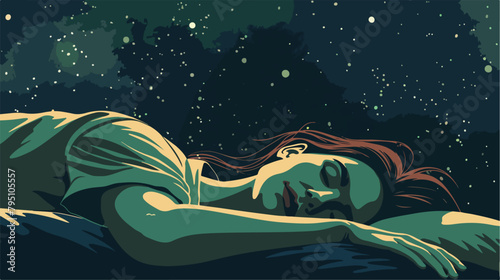 Young woman sleeping in bed at night Vector illustration