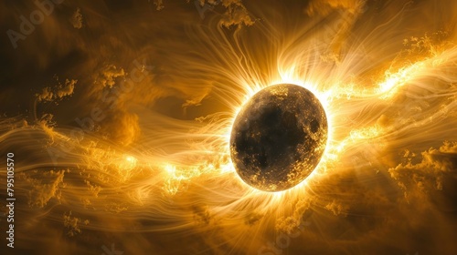 Solar System: A detailed 3D illustration of the sun's corona during a solar eclipse