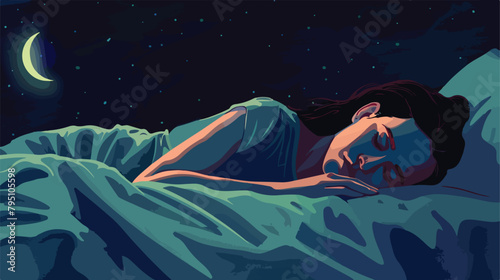 Young woman sleeping in bed at night Vector illustration