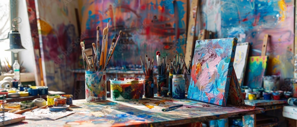 Obraz premium A vibrant art studio with canvases, paintbrushes, and a splash of various colors, showcasing creativity and artistic expression