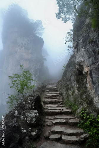 A mystical pathway with stone steps, nestled between foggy cliffs and lush greenery, invites a tranquil, enigmatic journey