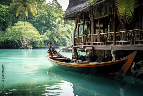 A tranquil tropical paradise with a wooden boat, clear water, thatched hut, surrounded by lush greenery and rocks