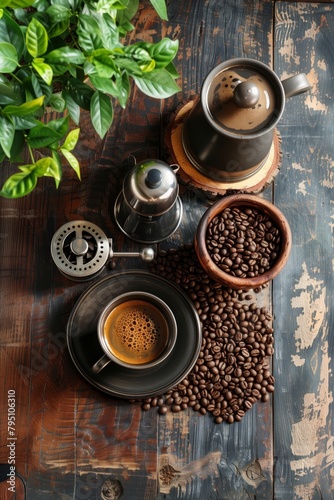 Espresso and Coffee Beans on Vintage Table	
