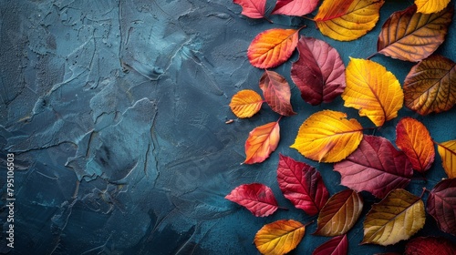 Colorful Autumn Leaves on Blue Background