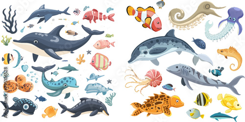 Sea Animals. Vector underwater animal creatures and fish in the sea