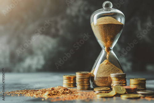 Hourglass with golden sand against a backdrop of coins, Concept of time management and financial planning.