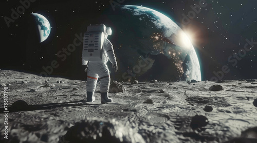 Astronaut Walking on Lunar Surface with Earth View