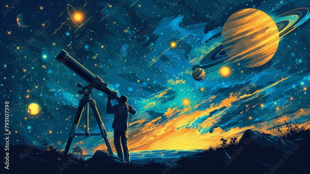 Naklejka premium Telescope: An illustration of a scientist adjusting the focus of a telescope