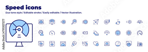 Speed icons collection. Duo tone style. Editable stroke, performance, speed, speed limit, arrow, clock, high speed, slow speed, speedometer, boxing, gear, magnifying glass. photo