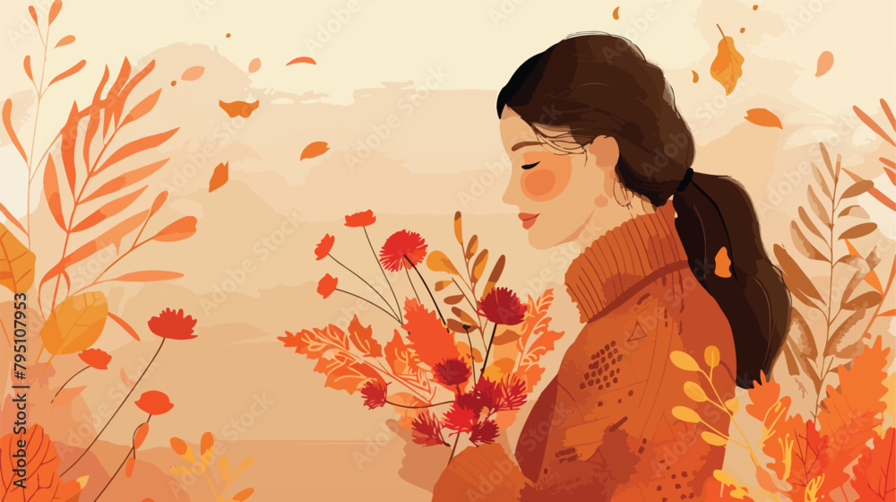 Young woman with autumn bouquet on color background vector