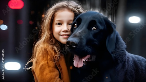 Ein Mädchen mit einem schwarzen Hund. Abstrakter Hintergrund für Design 1.