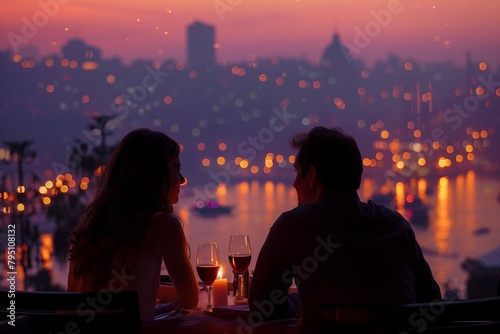 Romantic Dinner Overlooking the City Lights at Dusk 