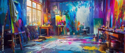 Painting room. An artist's studio in full creative chaos, paint splattered everywhere, canvases in various stages of completion, vibrant colors clashing and blending photo