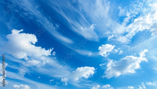 Serene panoramic view of beautiful blue sky and fluffy clouds for stunning background