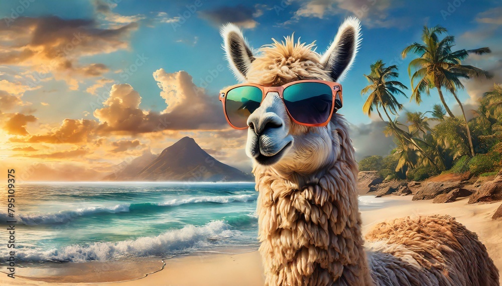 Llama Life: Beachside Chic with Sunglasses and Sand - A Tropical Twist" - obrazy, fototapety, plakaty 