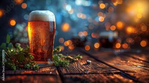 Glass of Beer on Wooden Table photo