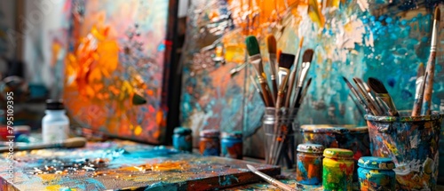 A vibrant art studio with canvases, paintbrushes, and a splash of various colors, showcasing creativity and artistic expression photo