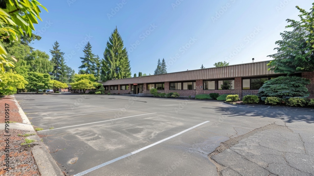 Commercial property with spacious parking lot and landscaped grounds