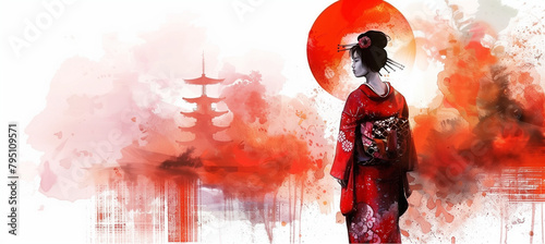 Watercolor Splash of Beauty and Nature: Woman in Kimono Fashionable