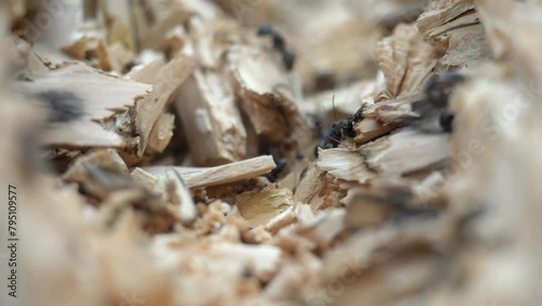 close up of ants crawling out of log