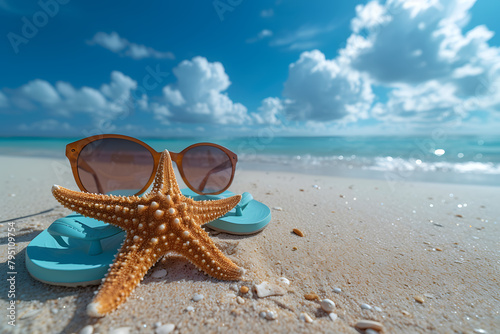 Starfish with sunglasses on sandy beach with flip-flops. Summer holiday and vacation concept for travel and tourism design © Ekaterina