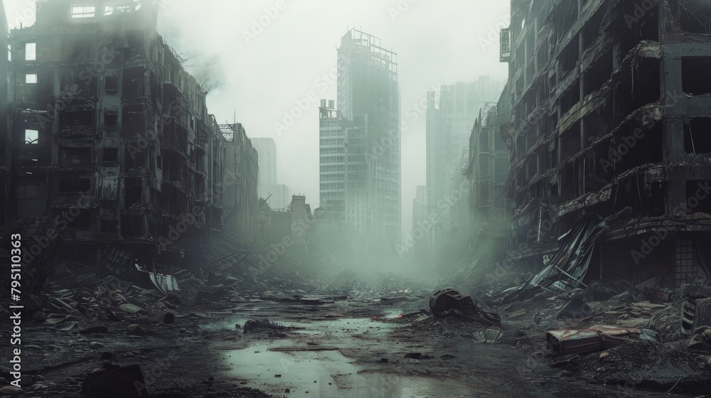 Post-apocalyptic city ruins. Copy Space.