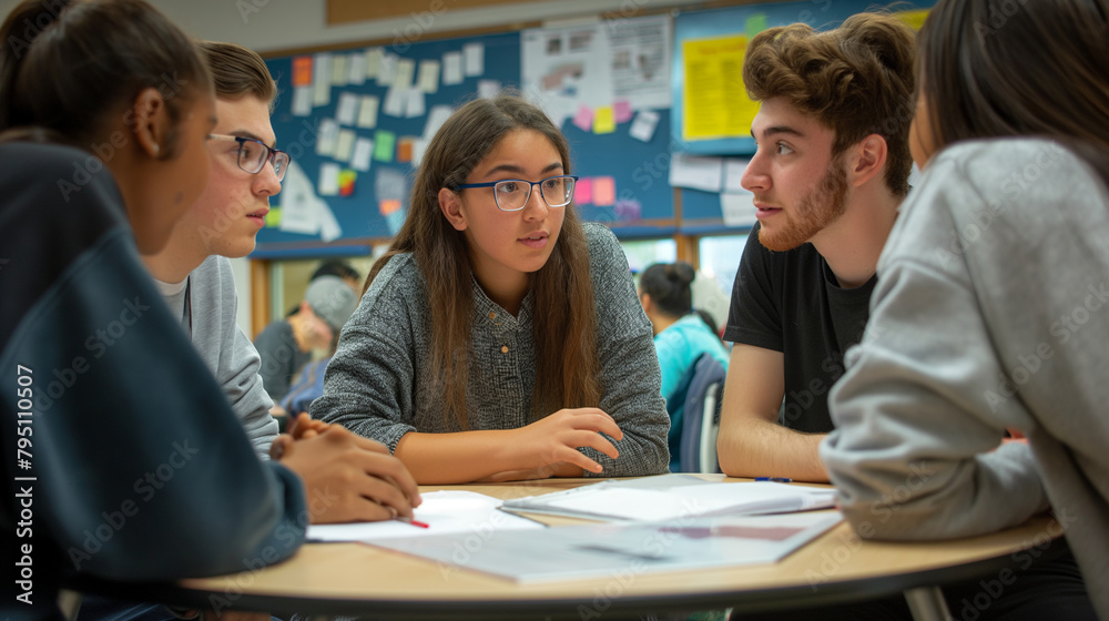 Students collaborating on a group presentation, practicing their delivery and refining their content. Knowledge, study, friendship, respect for each other, education