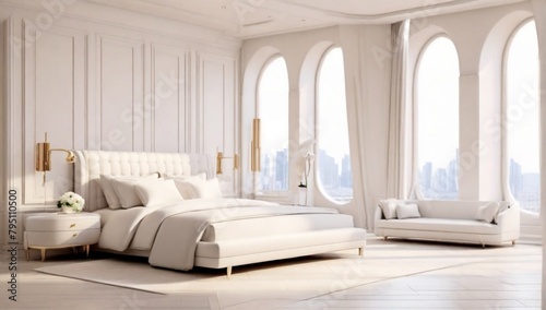 Elegant hotel room as bedroom with white interior design (3D Rendering)
