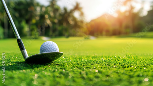 Golf ball and golf club on green grass with sun flare.