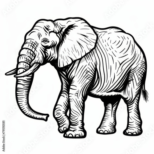 Artistic black and white illustration of an elephant with detailed shading and textures.
