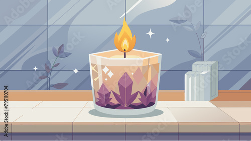 A luxurious candle in an opulent crystal jar burns brightly on a marble bathroom countertop..
