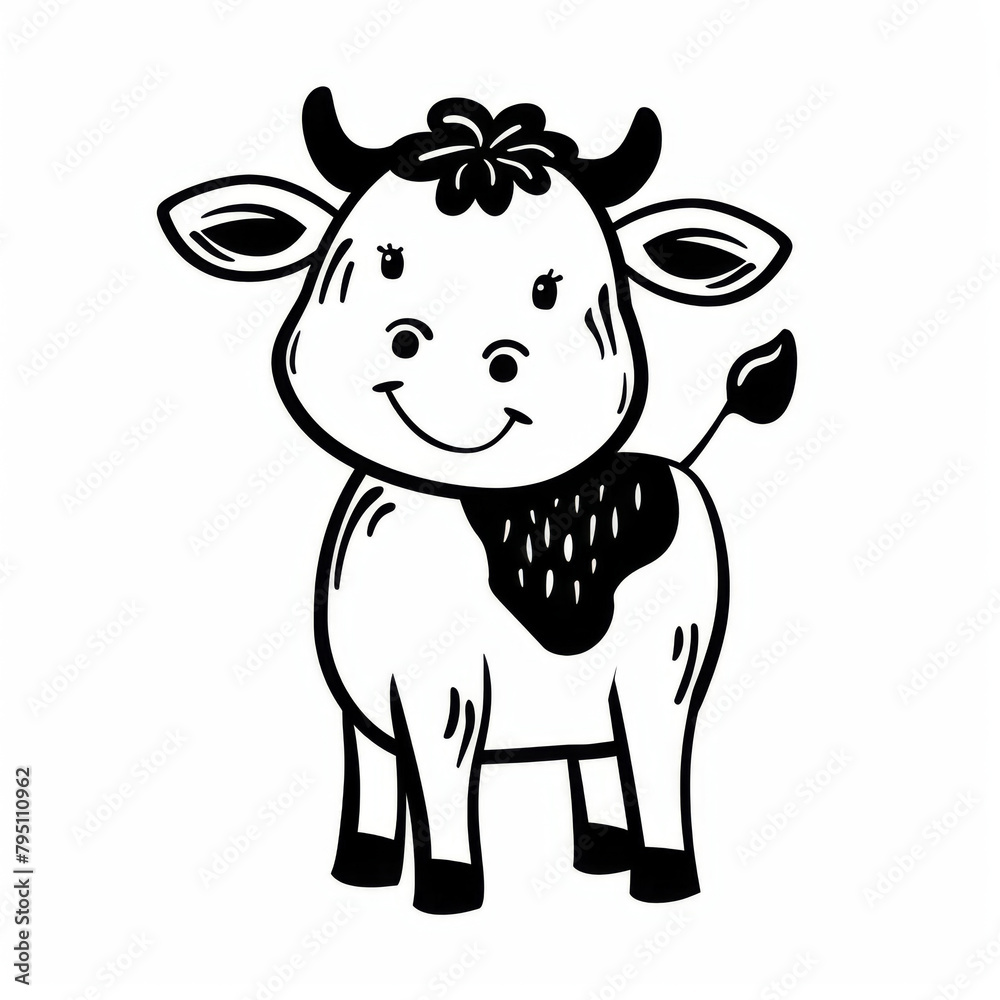 Adorable black and white cartoon of a smiling cow with a friendly and playful character. Adorable black and white cartoon of a smiling cow with a friendly and playful character.