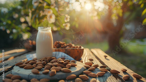 Almond and almond milk on a wooden table in the summer garden Useful food, Almond tree branch with bottle of almond nut milk and bowl of fresh almond nuts, Almond with jar of almond milk and white flo photo