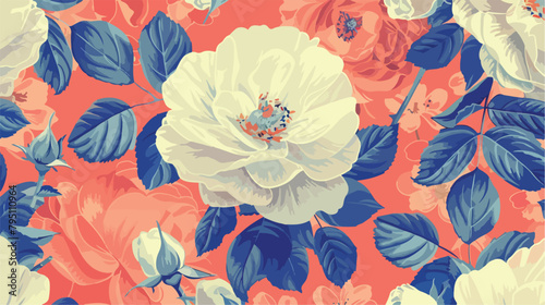 Pattern on a coral background with a white wild rose