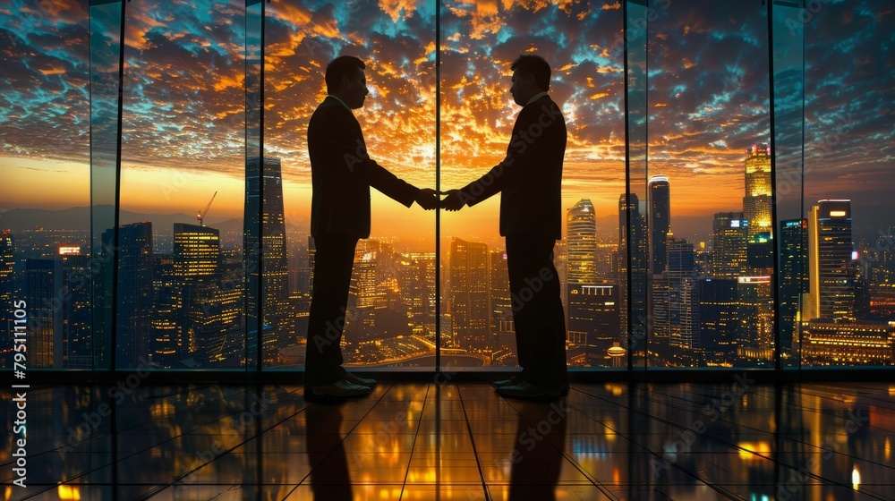 Two Men Shaking Hands in Front of a Cityscape