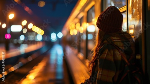Beautiful young woman boarding a night train, gazing out of the window as the city lights fade away, in the style of adventure. Copy space photo