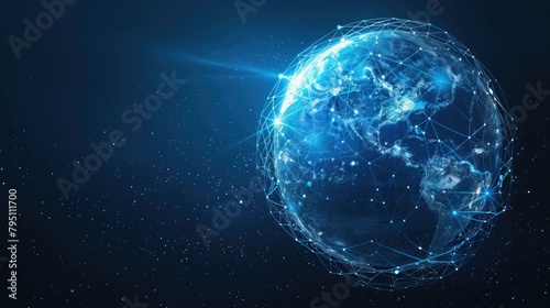 Futuristic globe with abstract connected lines and blue neon color isolated on dark background photo