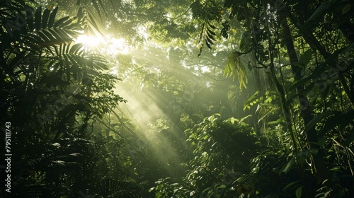 Dense green forest with sunlight filtering through the canopy © KerXing