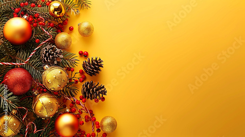A vibrant golden yellow background with festival ornaments on the left side.