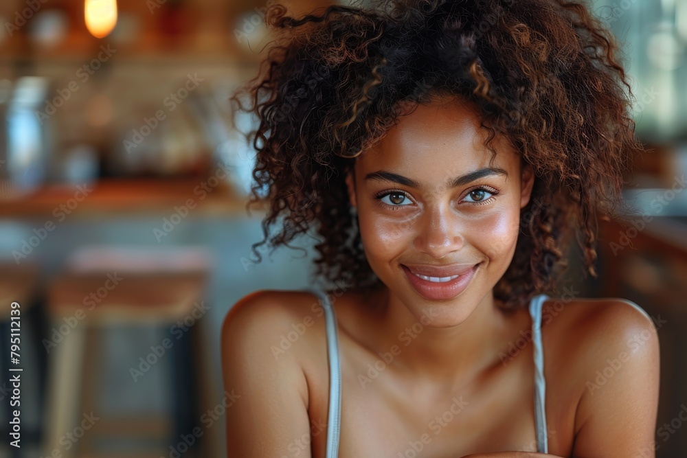A radiant smiling young woman posed against a blurred cafe background, exuding confidence and happiness A radiant smiling young woman posed against a blurred cafe background, exuding confidence and happiness