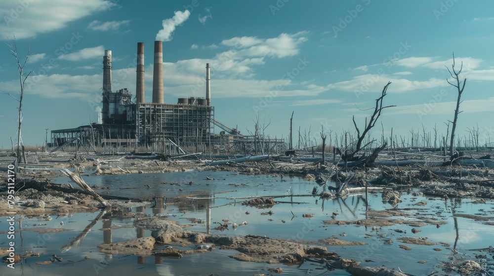 Derelict power plant surrounded by a sea of dead trees and toxic sludge