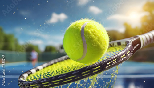 Tennis Racket Strikes Tennis Ball During Play. Generative AI