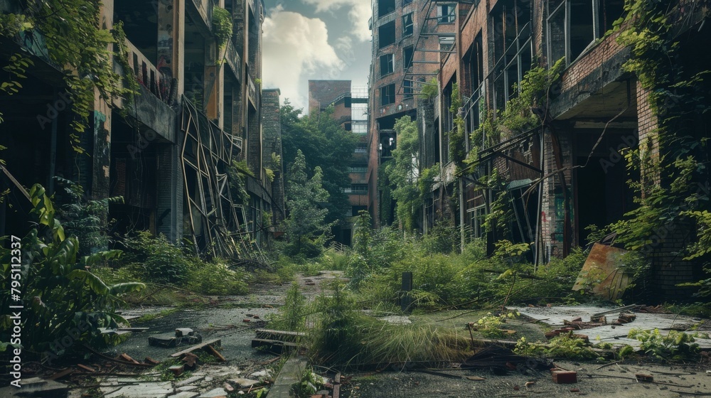 Desolate urban landscape with crumbling buildings and overgrown vegetation