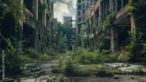 Desolate urban landscape with crumbling buildings and overgrown vegetation photo