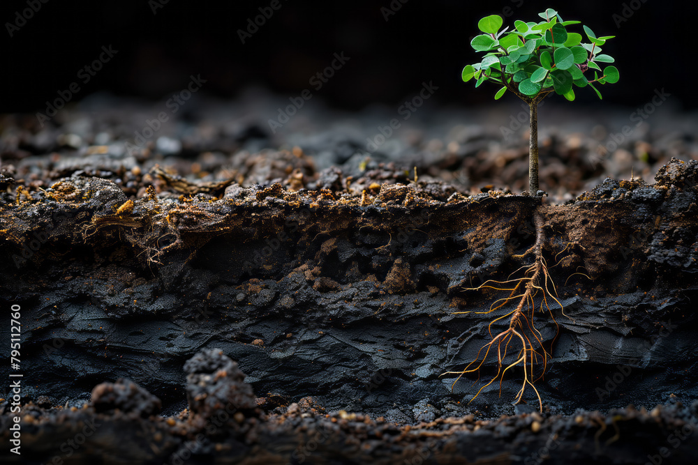 Fototapeta premium Close-up of a sprout taking root in the ground, an underground texture in soil cut